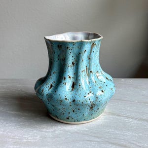 Handmade Speckled Turquoise Ceramic Vase, Sculptural Wavy Rim Pottery, Modern Home Decor