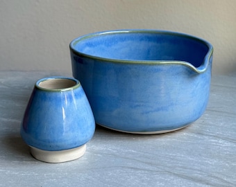 Handmade Cobalt Blue Matcha Bowl Set: Ceramic Chawan & Whisk Holder