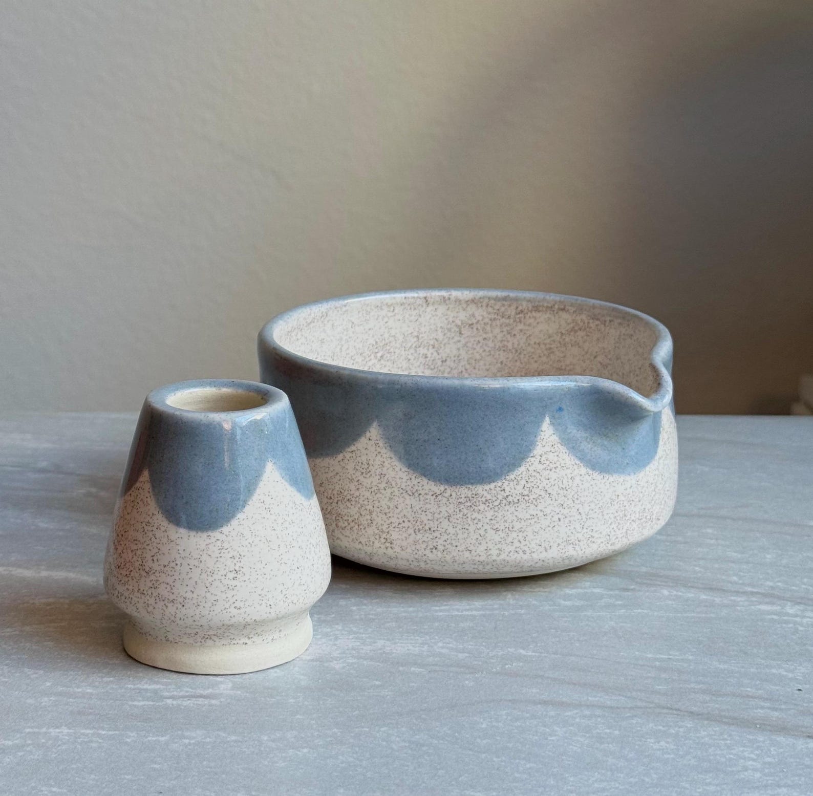 Handmade Baby Blue Matcha Bowl Set: Ceramic Chawan & Whisk Holder