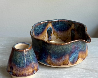 Handmade Midnight Molten Matcha Bowl Set: Ceramic Chawan and Whisk Holder