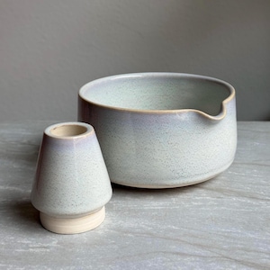 Handmade Stone Mist Matcha Bowl Set: Opalescent White Ceramic Chawan and Whisk Holder