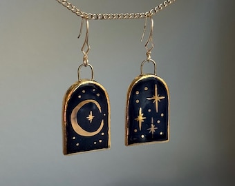 Handmade Gold Luster Moon & Stars Ceramic Dangle Earrings