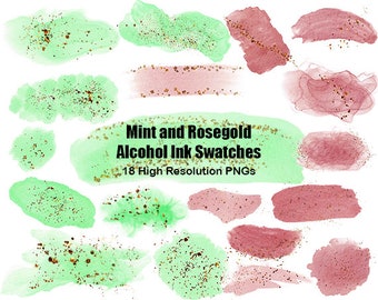 Alcohol ink swatches clipart, alcohol ink stamps, alcohol ink brush strokes clipart, mint alcohol ink clipart, rosegold alcohol ink clipart