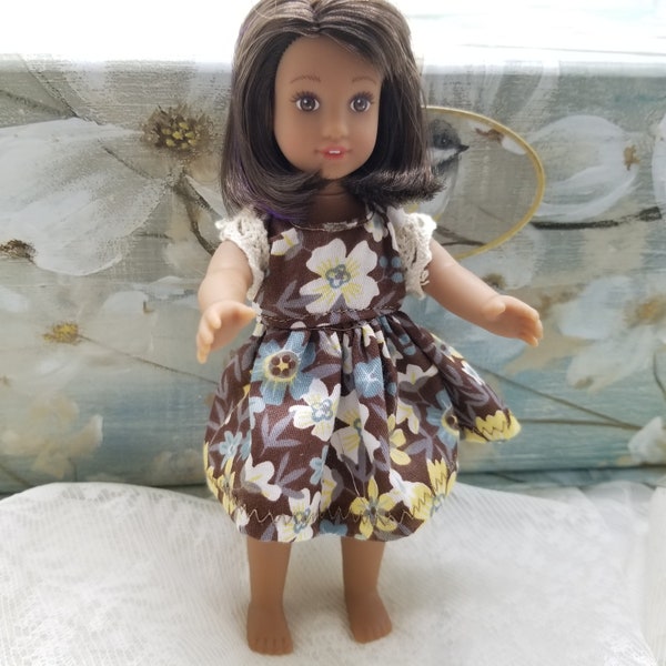 Mini doll brown dress with tiny flowers, made for the mini AG doll that is 6.5 inches tall; brown fabric and lace trim