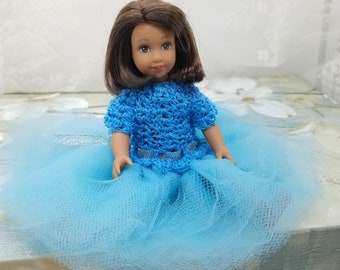 Tulle dress with crochet top for AG Mini doll, blue tulle party dress for 6.5 inch doll, tulle skirt and crochet top dress for doll