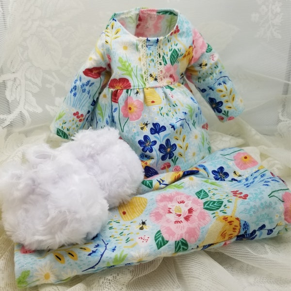 Flannel Doll Pajamas top and bottom for 18 inch dolls, with fuzzy slippers