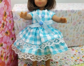 Mini doll blue colored dress with tiny checkers, made for the mini 6.5 inch AG doll; teal fabric, ribbon and button trim