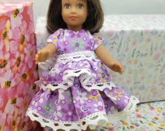 Mini doll purple colored dress with tiny flowers, made for the mini 6.5 inch AG doll; floral fabric, ribbon and lace trim