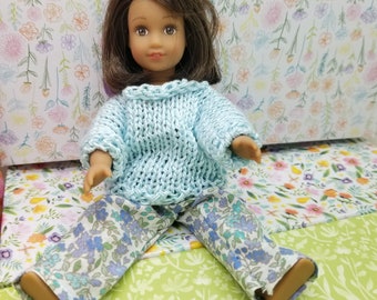 Mini doll knitted Sweater, and floral pants set made for the mini AG doll that is 6.5 inches tall