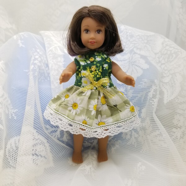 Mini doll dress, made for the mini AG doll that is 6.5 inches tall; yellow flower fabric and contrasting green fabric