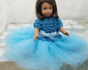 Tulle dress with crochet top for AG Mini doll, blue tulle party dress for 6.5 inch doll, tulle skirt and crochet top dress for doll