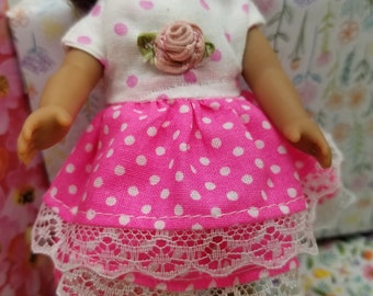 Mini doll pink colored dress with polka dots fabric, made for the mini 6.5 inch AG doll; rosette flower trim