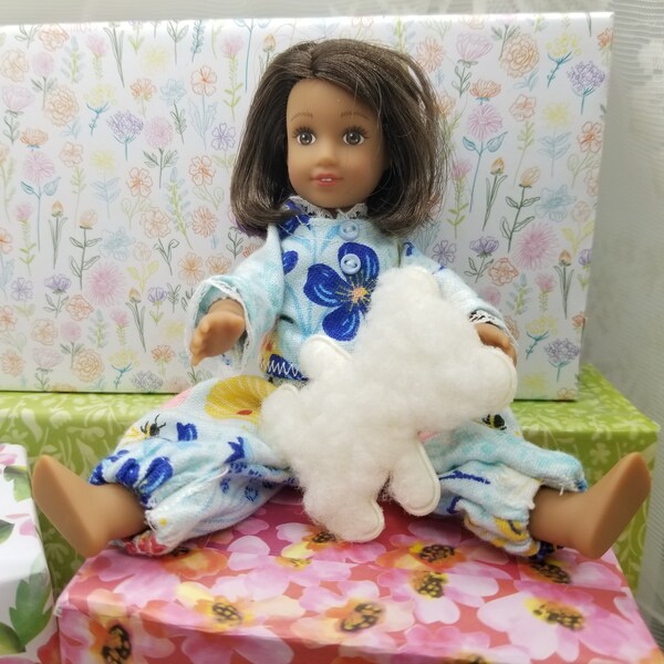 Mini doll flannel pajamas, made for the mini AG doll that is 6.5 inches tall; blue floral fabric with tiny lace, with white teddy bear