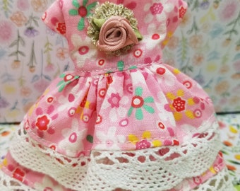 Mini doll pink colored dress with tiny flowers, made for the mini 6.5 inch AG doll; floral fabric, rosette flower trim