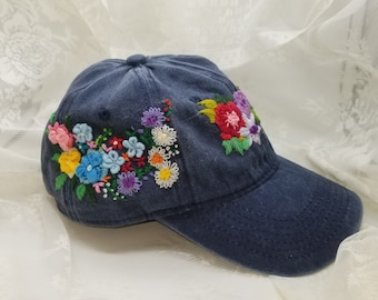 Mother's Day Sale - Hand embroidered baseball cap, birthday gift, wild flowers designs, Baseball hat, Ladies golf cap, Floral embroidered