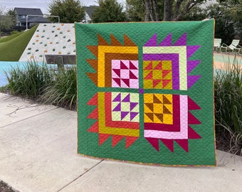 Modern Quilt | Multi-Colors Quilt | Lap Quilt | Wall Hanging | Green Background Quilt