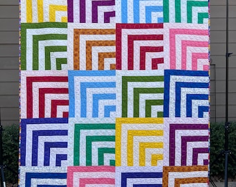 Modern Multi Color Quilt | Patchwork Quilt | Handmade Quilt | Rainbow Quilt I Quarter Log Cabin Quilt I Throw Quilt