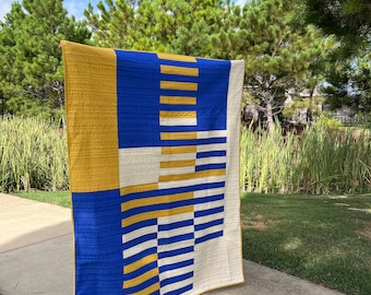 Modern Handmade Quilt | Blue Yellow Off White Quilt | Lap Quilt | Throw Quilt | Accent Quilt | Decorative Quilt | Modern Quilt