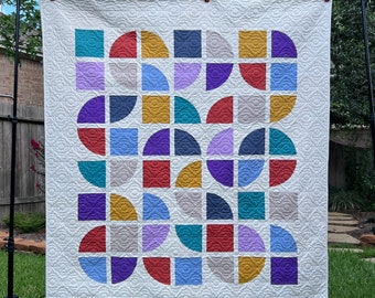 Modern Multi Color Quilt | Patchwork Quilt | Multi-Colors Quilt | Handmade Quilt | Curves and Squares Quilt