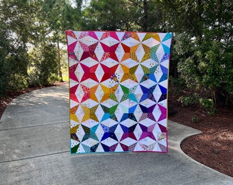 Modern Handmade Quilt | Multi-Colors Quilt | Lap Quilt | Quilt with Stars I Throw Quilt I Scrappy Rainbow Quilt