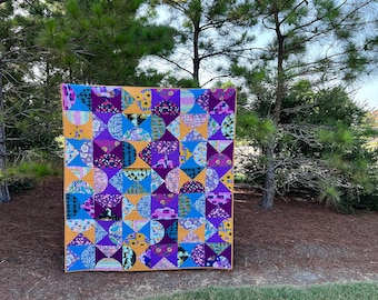 Modern Handmade Quilt | Multi-Colors Quilt | Lap Quilt | Purples Blues and Mustard Quilt I Throw Quilt