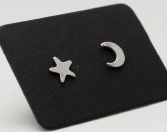 Moon & Star Mismatched silver stud earrings