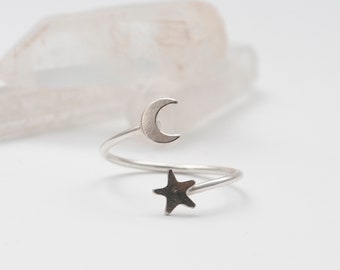 Crescent Moon and star adjustable silver ring