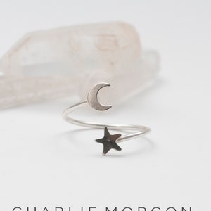 Crescent Moon and star adjustable silver ring