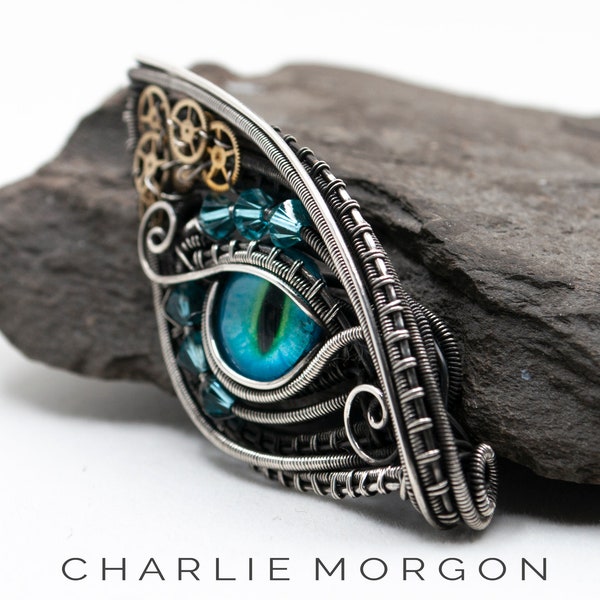 Aqua Steampunk dragon eye pendant or brooch