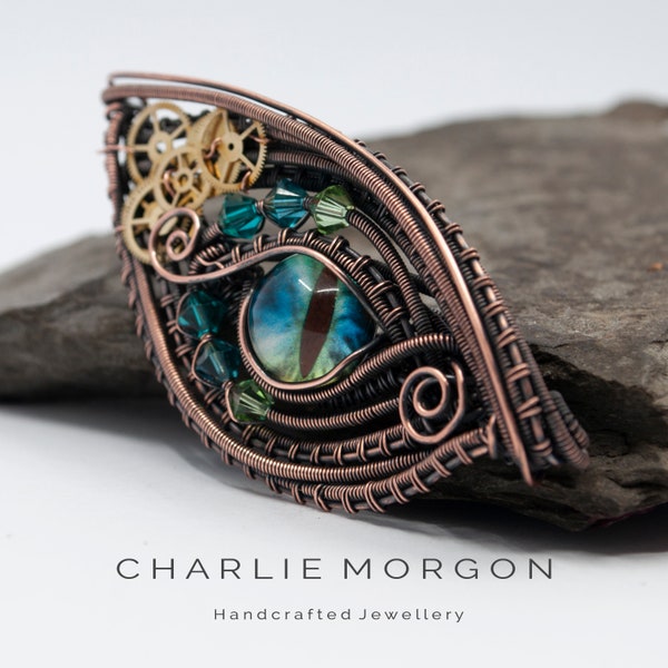 Blue Steampunk Dragon eye pendant or brooch