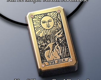 Tarot Jewelry. Brass Pendant on Rosewood. Select any of the 22 Major Arcana from the option. You may ask about other designs.