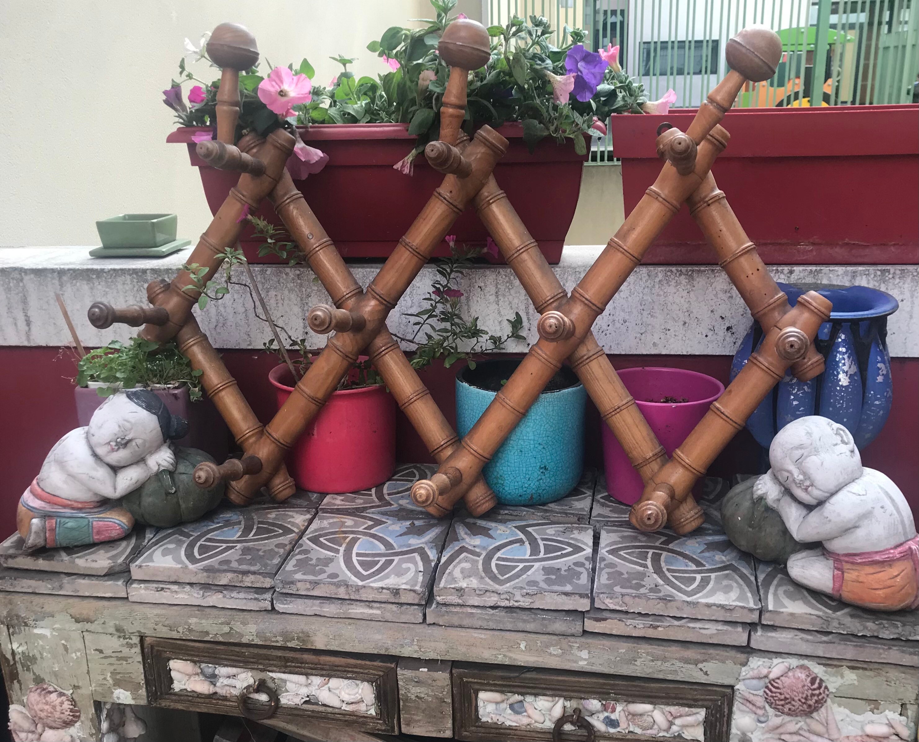 Vintage Français Manteau Crochet Chapeau Rack Bois Imitation Bambou Rotin