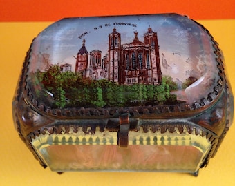 Ancienne boîte à bibelots en verre doré et bronze doré Coffret souvenir FRANCE "Boîte à bijoux de l'église de Lyon Notre-Dame de Fourvière"