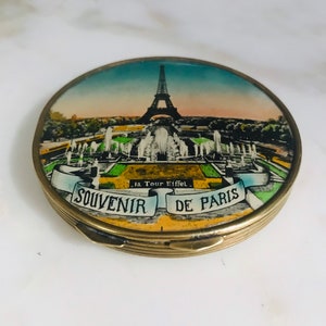 Étui à poudre ancien compact des années 1950, boîte miroir de maquillage, accessoire français souvenir Paris Tour Eiffel