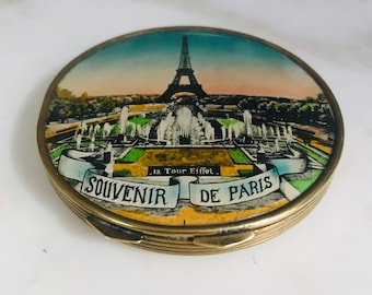 Étui à poudre ancien compact des années 1950, boîte miroir de maquillage, accessoire français souvenir Paris Tour Eiffel