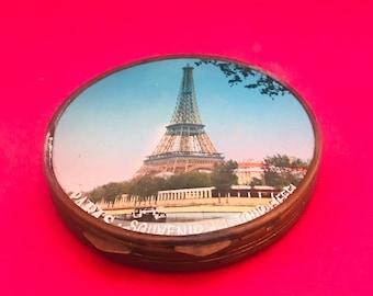 Étui à poudre vintage Paris Tour Eiffel compact souvenir des années 1960, miroir de maquillage Powder Box, accessoire français