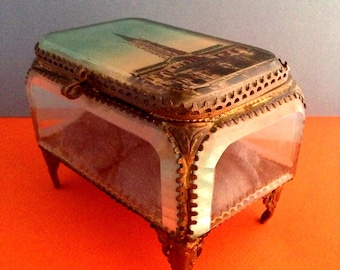 Énorme Antique Français Verre Ormolu Bibelot Boxe Bijoux Coffret Souvenir FRANCE « Toulouse Basilique St Sernin »
