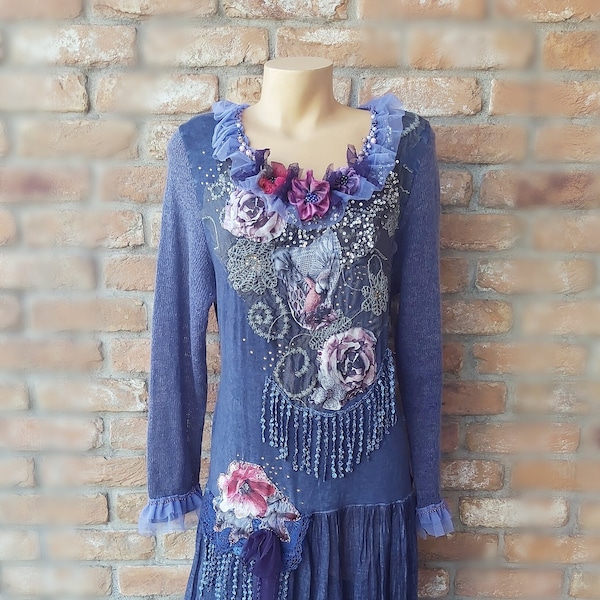 Abito blu Boho, abito boho, abito zingaro boho festival shabby chic alterato couture abito rielaborato collage tessile pizzo con perline, riciclato