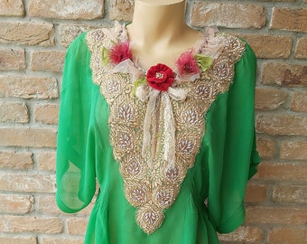 Romantic green blouse, boho, shabby chic, art to wear, altered couture, upcycled, reworked, M/L, unique piece