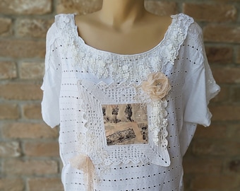 Cotton top/blouse vintage lace upcycled reworked magnolia inspired shabby altered couture textile collage bohemian romantic