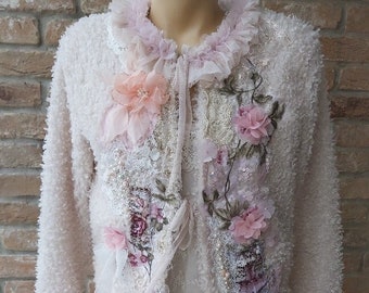 Fluffy Shabby Chic jacket Bohemian Boho Festival Upcycled Reworked jacket Romantic, Art to wear Wearable art