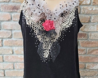 Art Deco Black Top Romantic Velvet Boho Camisole Shabby chic Art to wear Altered couture Upcycled Reworked L size Wearable art 