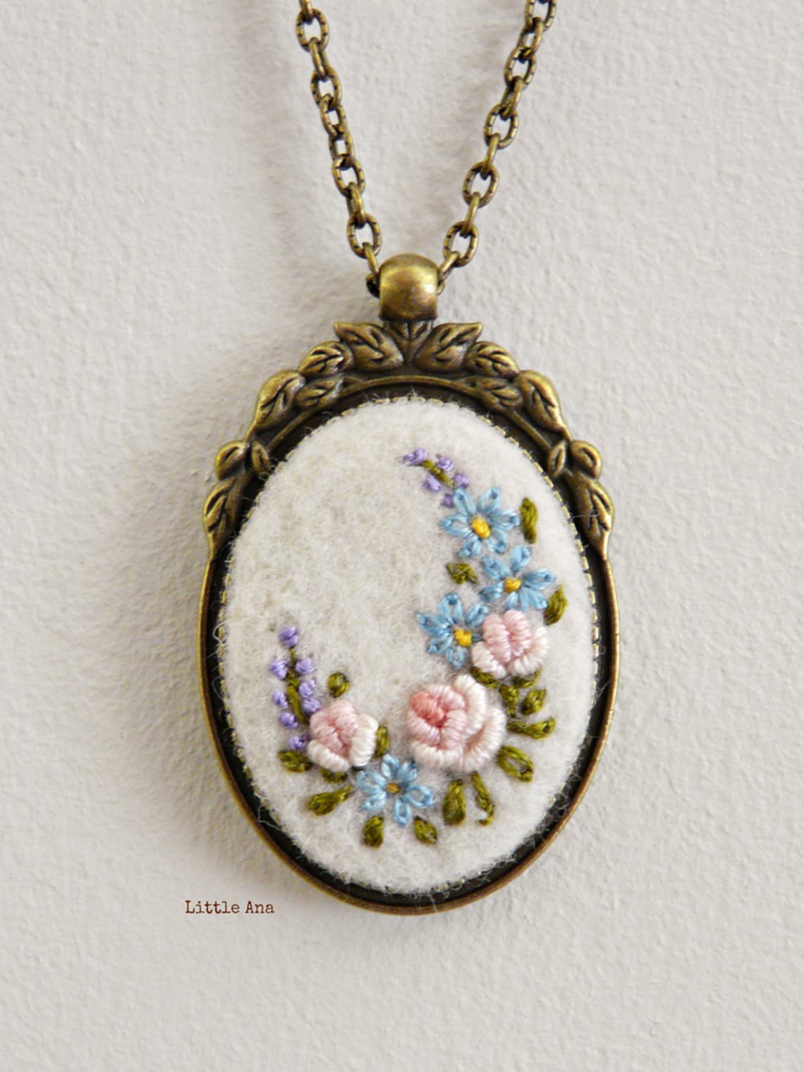 Needle Felted Necklace With Hand Embroidered Flowers Pendant Etsy