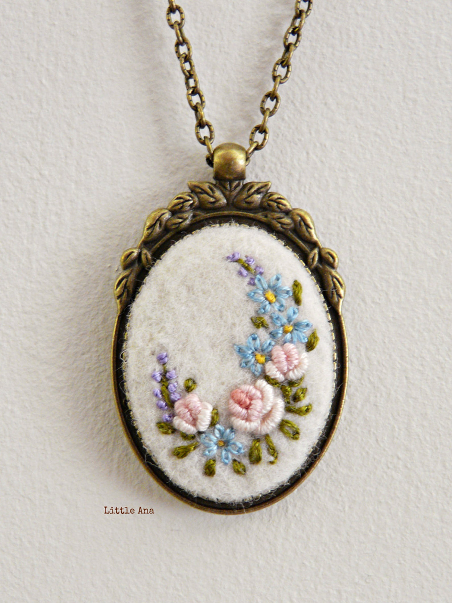 Needle Felted Necklace With Hand Embroidered Flowers Pendant Etsy
