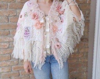 Art to wear shawl/scarf/capellet Shabby chic Romantic Bohemian Wearable art Art to wear Embellished Tattered