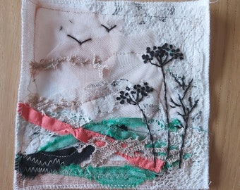 Textile Art Landscape Picture Fabric scaps Collage Hand embroidery floral Patch Applique for upcycled Clothing Embellishment