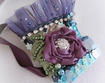 Purple romantic cuff bracelet, embroidered wrist wrap, art to wear, wearable art, boho chic, altered couture, mix media, bohemian bracelet