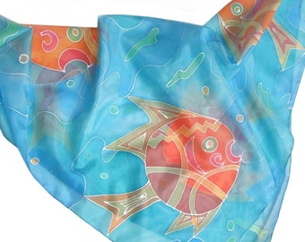 Hand painted silk scarf "Fish", silk shawl sea and fish, silk scarf, scarf turquoise-orange