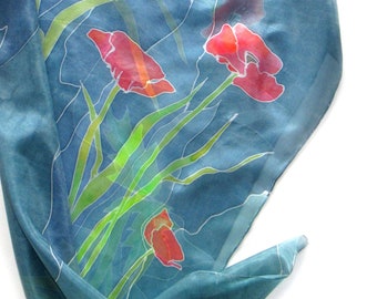 Red poppies on a navy blue background, hand painted silk scarf