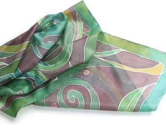 Hand painted silk scarf "Plants", Elegant scarf with a geometric floral motif, Silk scarf in shades of brown and green